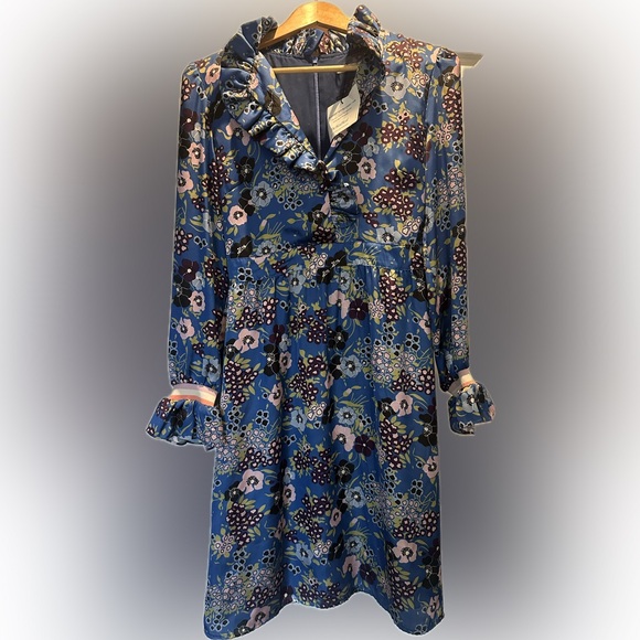 Manoush Blue Floral Long Sleeve Dress with Ruffle Collar - Picture 5 of 8